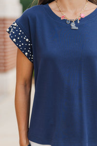 Cherish The Moment Navy Pearl Embellishment Top