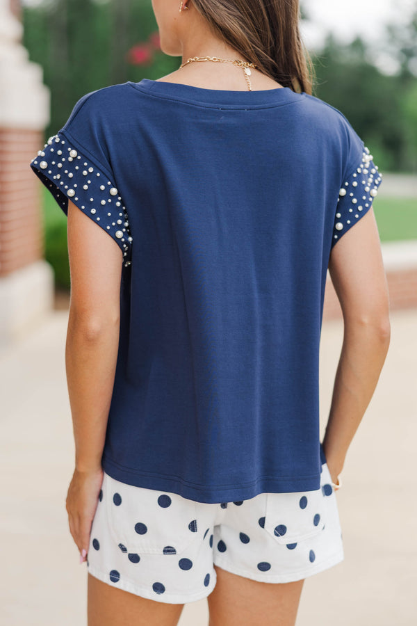 Cherish The Moment Navy Pearl Embellishment Top