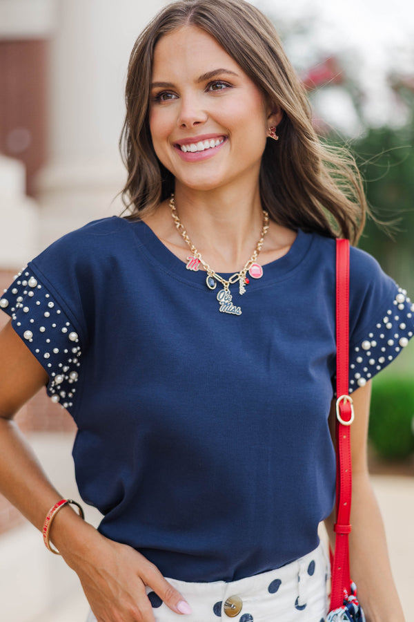 Cherish The Moment Navy Pearl Embellishment Top