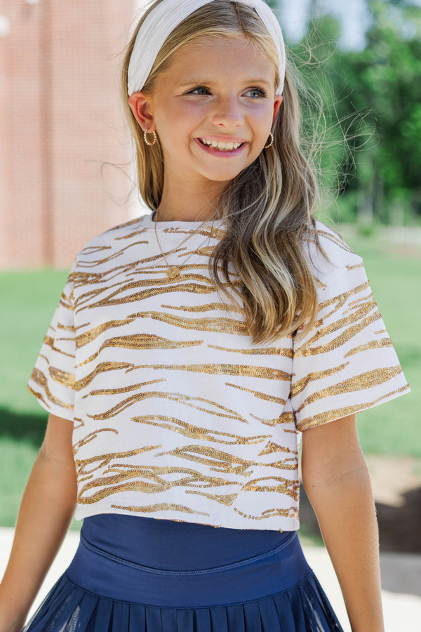Girls: Fierce Fun Gold Sequin Tiger Striped Top