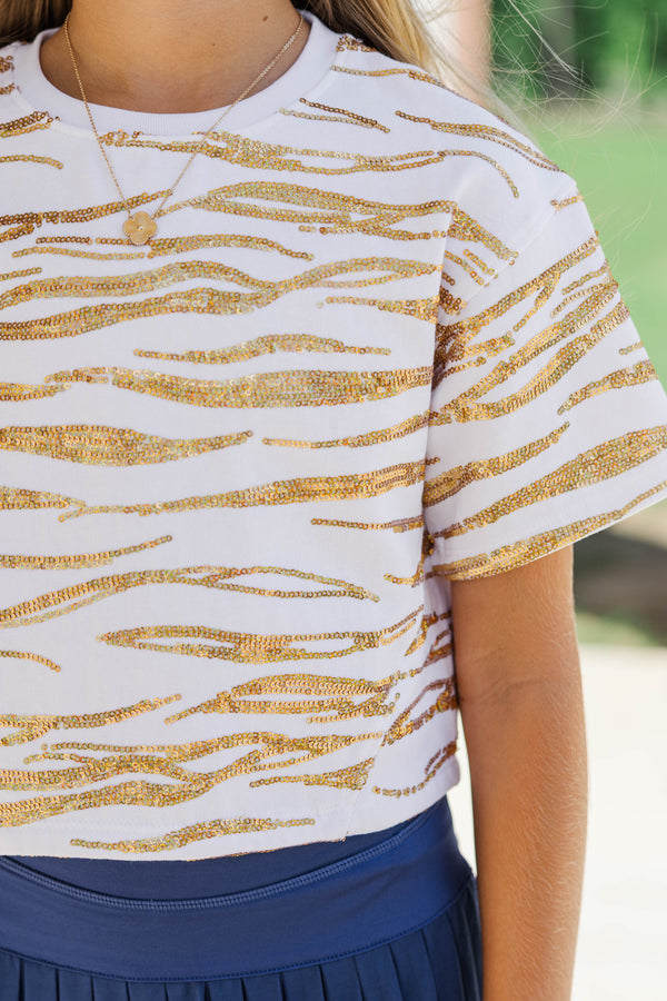 Girls: Fierce Fun Gold Sequin Tiger Striped Top