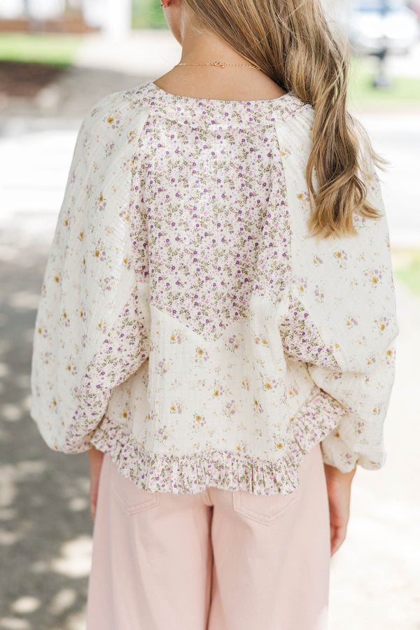 Girls: Between The Lines Taupe Ditsy Floral Top