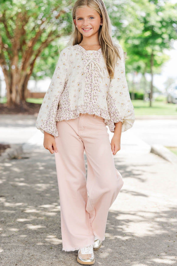 Girls: Between The Lines Taupe Ditsy Floral Top