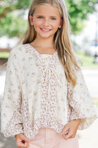 Girls: Between The Lines Taupe Ditsy Floral Top