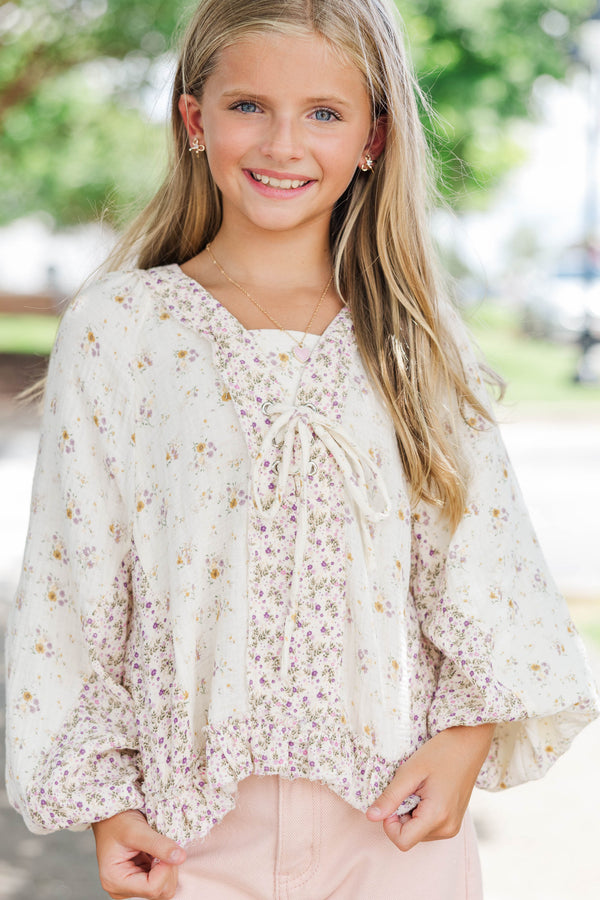 Girls: Between The Lines Taupe Ditsy Floral Top