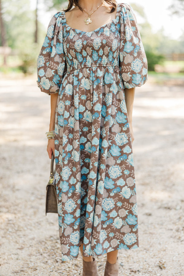 Where We Bloom Brown Floral Midi Dress