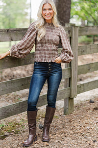 Orchard Morning Brown Plaid Smocked Blouse