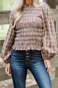 Orchard Morning Brown Plaid Smocked Blouse