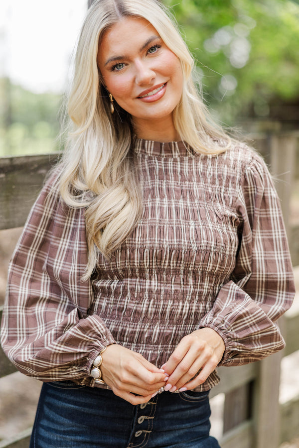 Orchard Morning Brown Plaid Smocked Blouse
