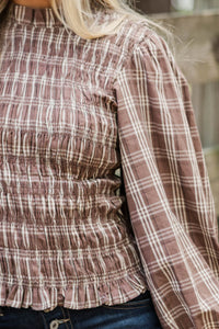 Orchard Morning Brown Plaid Smocked Blouse