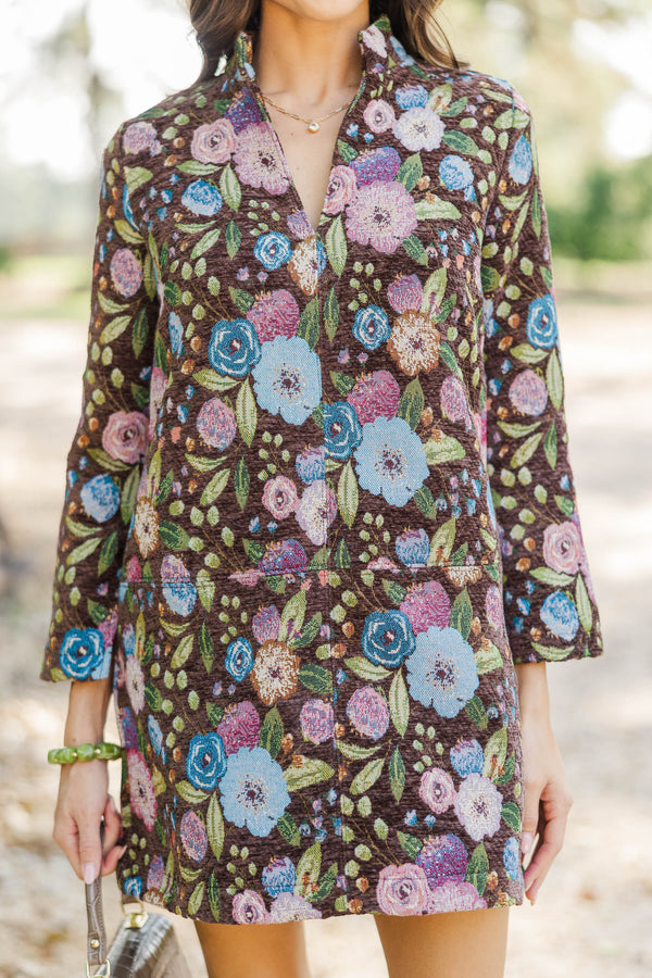 Make It Count Brown Brocade Dress