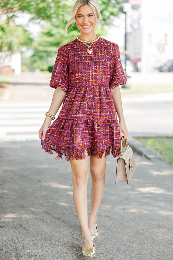 Strive To Flourish Brown Tweed Fringe Dress