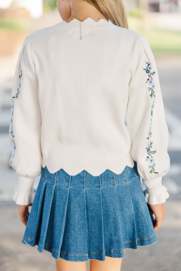 Girls: Soft Horizons Cream Floral Embroidered Sweater