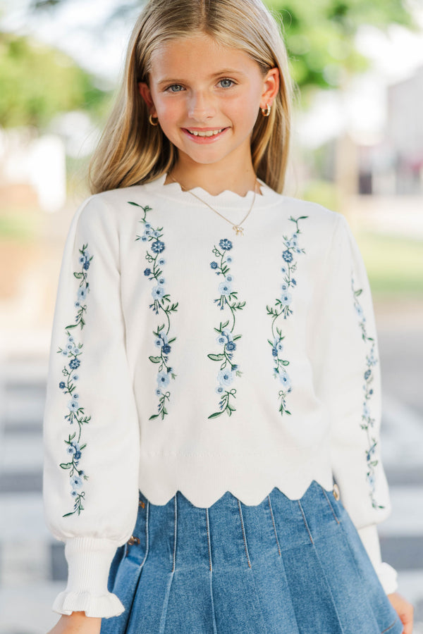 Girls: Soft Horizons Cream Floral Embroidered Sweater