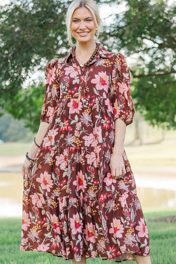 Love Found Brown Chintz Midi Dress