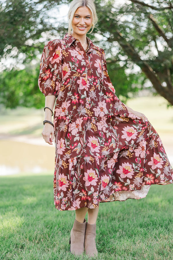 Love Found Brown Chintz Midi Dress