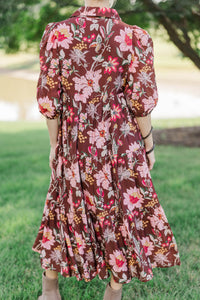 Love Found Brown Chintz Midi Dress