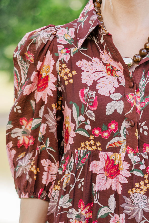 Love Found Brown Chintz Midi Dress