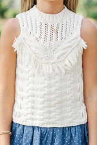 Girls: Falling Into Place Cream Fringe Sweater