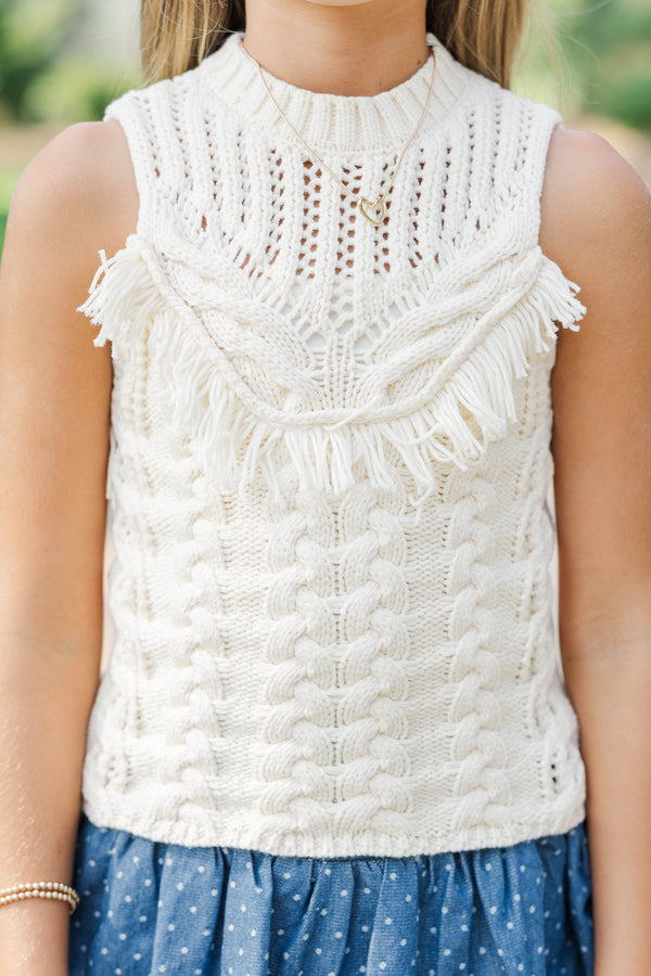 Girls: Falling Into Place Cream Fringe Sweater