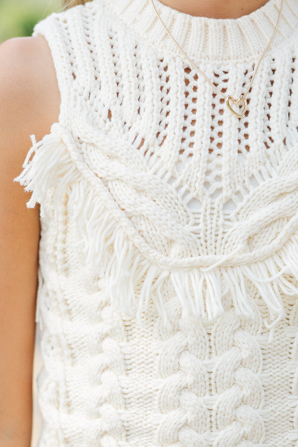 Girls: Falling Into Place Cream Fringe Sweater