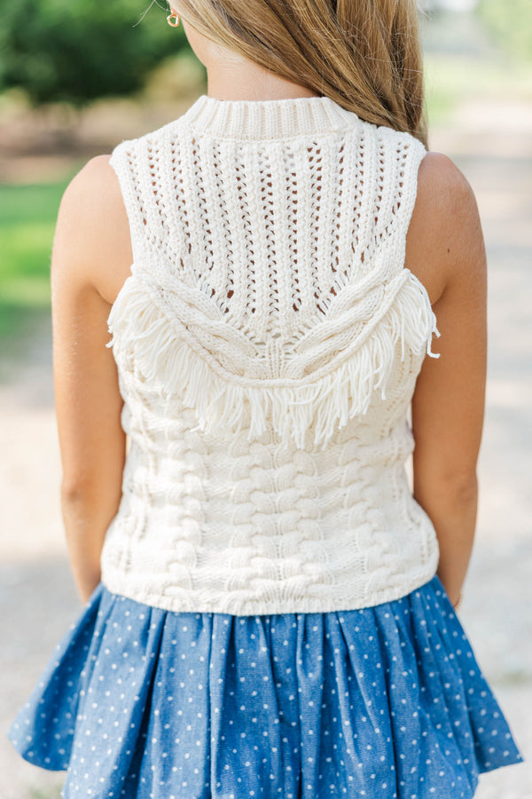 Girls: Falling Into Place Cream Fringe Sweater