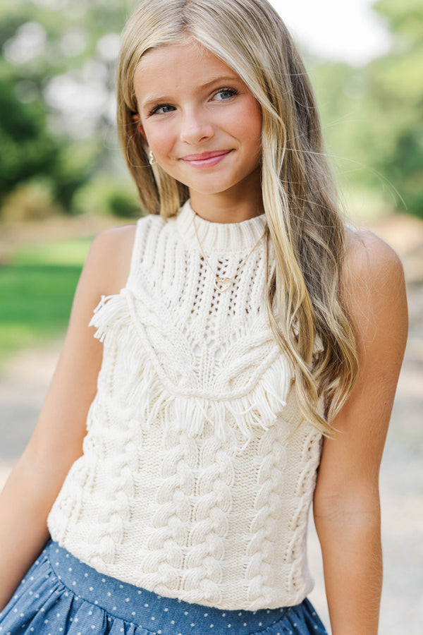 Girls: Falling Into Place Cream Fringe Sweater