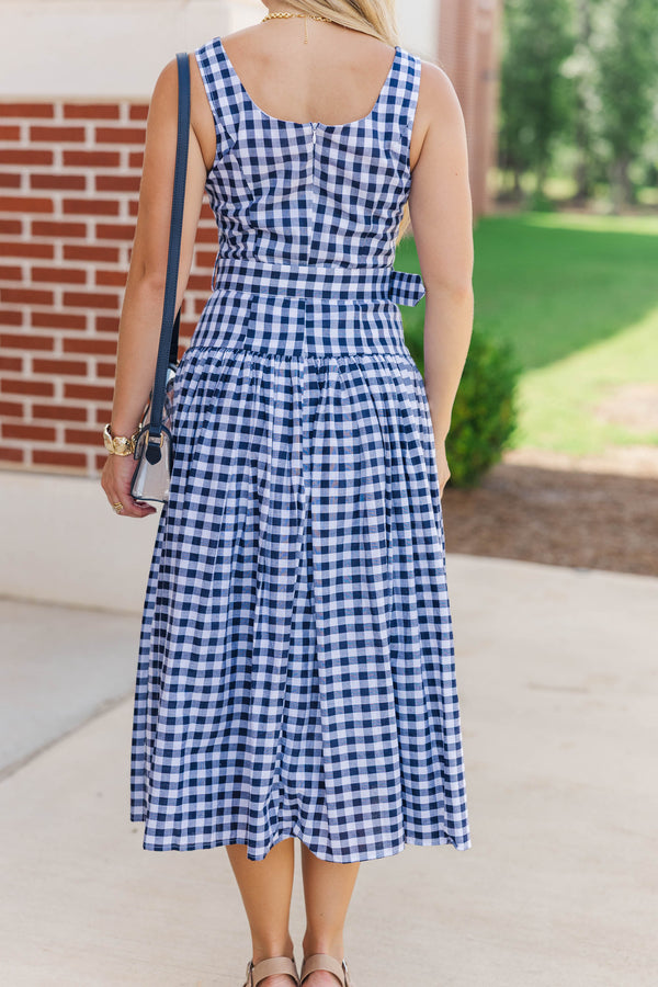 If You Were Here Navy Gingham Drop Waist Dress