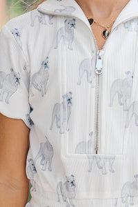Girls: Off Duty Darling White Scalloped Bulldog Romper