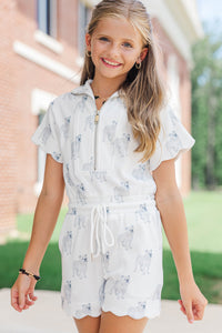 Girls: Off Duty Darling White Scalloped Bulldog Romper