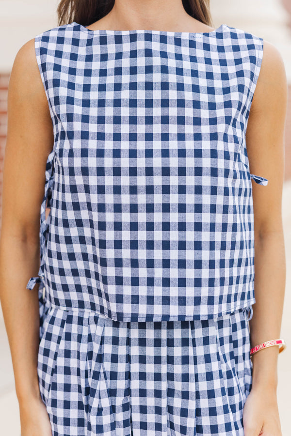 Where Joy Lives Navy Gingham Boat Neck Tank