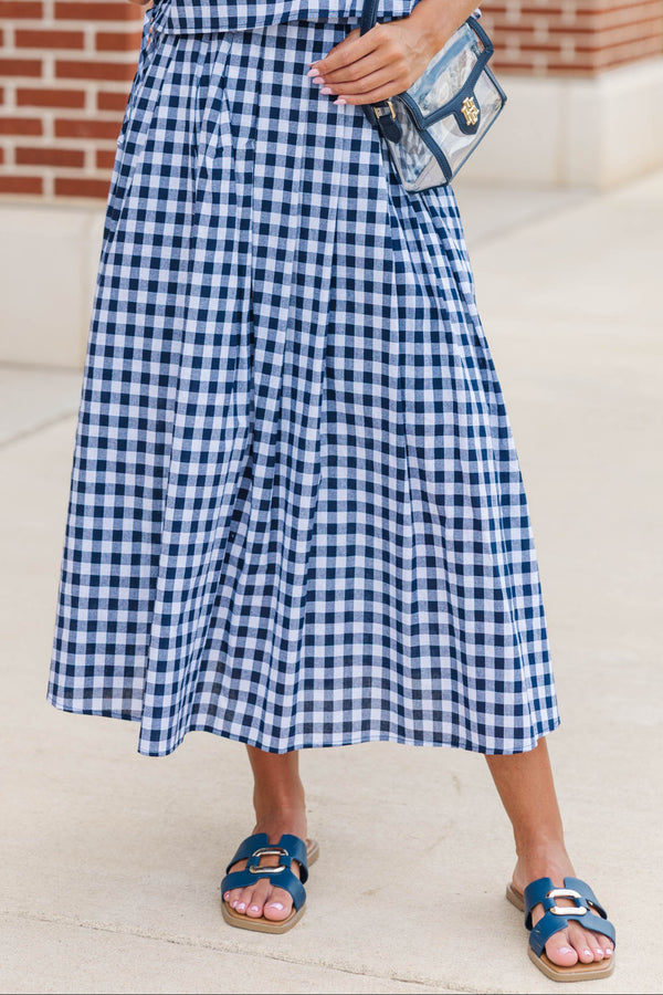 Here For The Memories Navy Gingham Midi Skirt