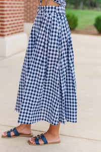 Here For The Memories Navy Gingham Midi Skirt