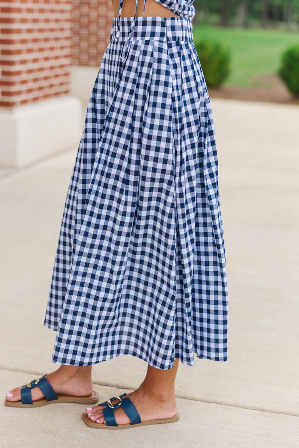 Here For The Memories Navy Gingham Midi Skirt