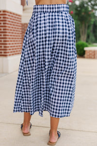 Here For The Memories Navy Gingham Midi Skirt