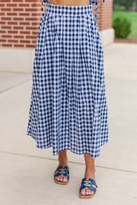 Here For The Memories Navy Gingham Midi Skirt
