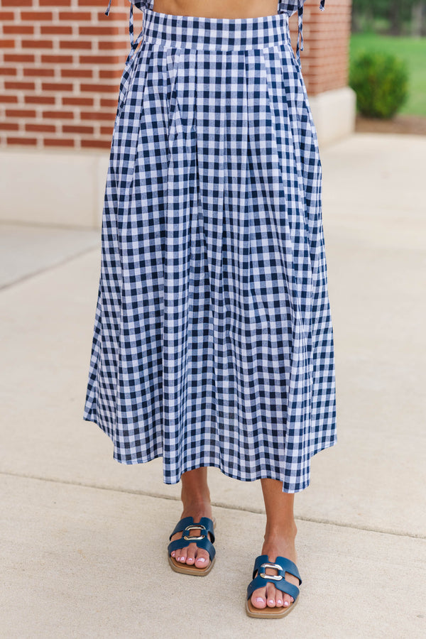 Here For The Memories Navy Gingham Midi Skirt