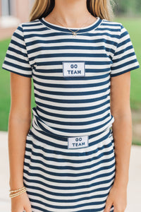 Girls: Rally Girl Navy Striped Go Team Patch Top