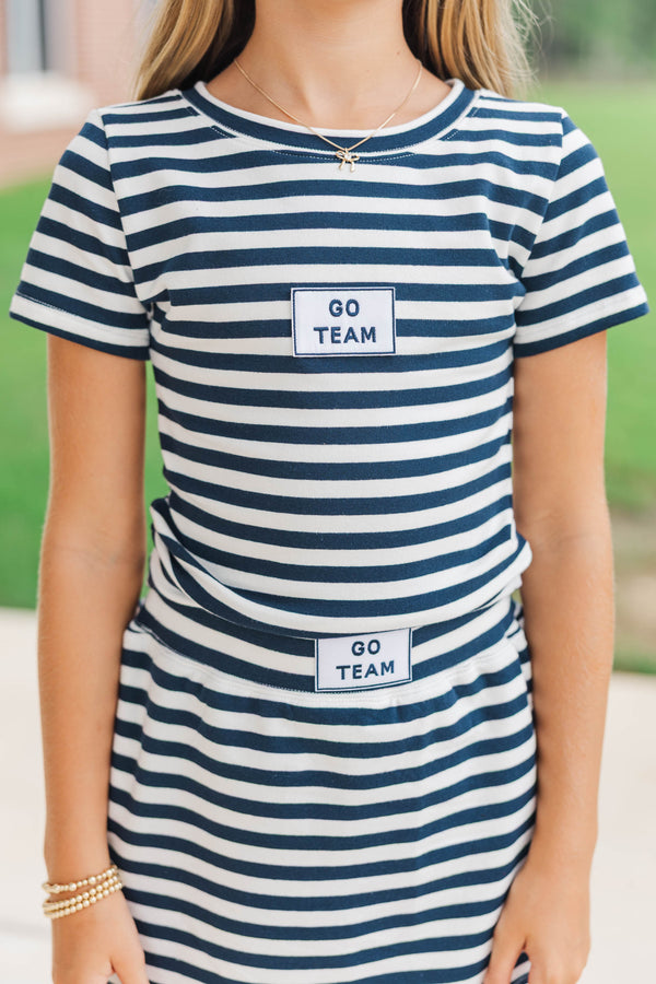 Girls: Rally Girl Navy Striped Go Team Patch Top