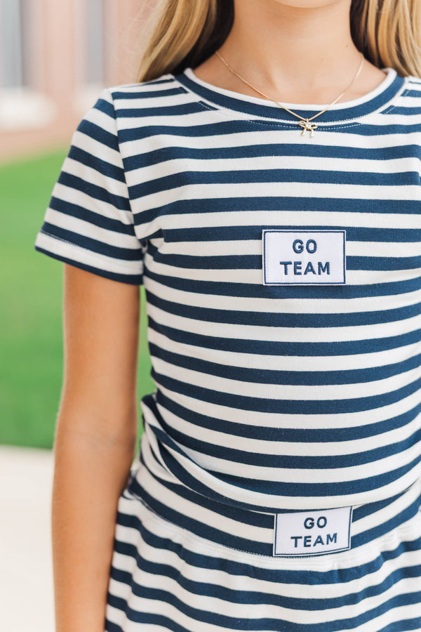 Girls: Rally Girl Navy Striped Go Team Patch Top