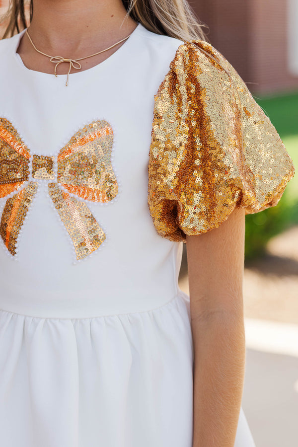 Girls: Golden Dreams Gold Bow Pearl Sequin Dress