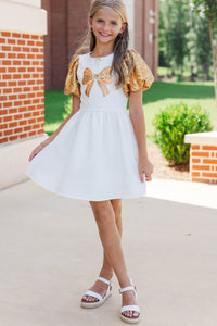Girls: Golden Dreams Gold Bow Pearl Sequin Dress