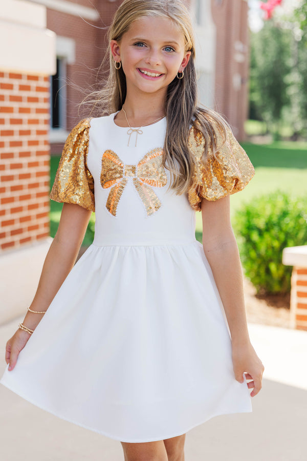 Girls: Golden Dreams Gold Bow Pearl Sequin Dress – Shop the Mint