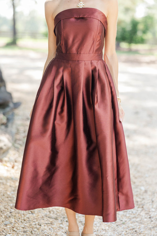 Double Take Brown Taffeta Strapless Midi Dress