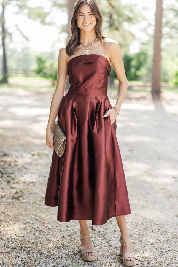 Double Take Brown Taffeta Strapless Midi Dress