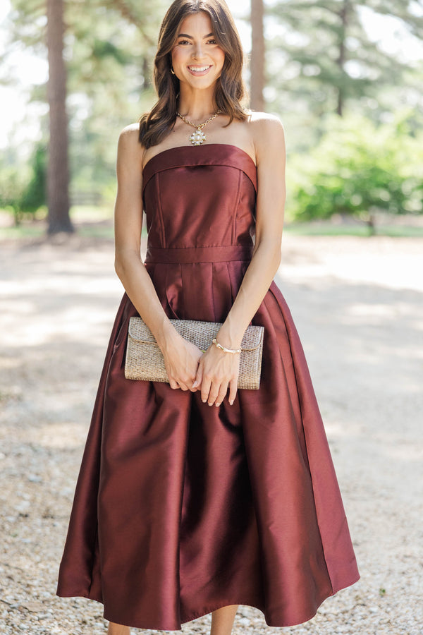 Double Take Brown Taffeta Strapless Midi Dress