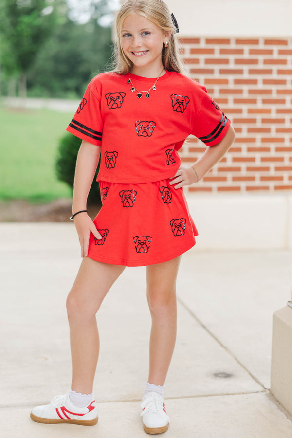 Girls: All The Smiles Bulldogs Red Sequin Skort