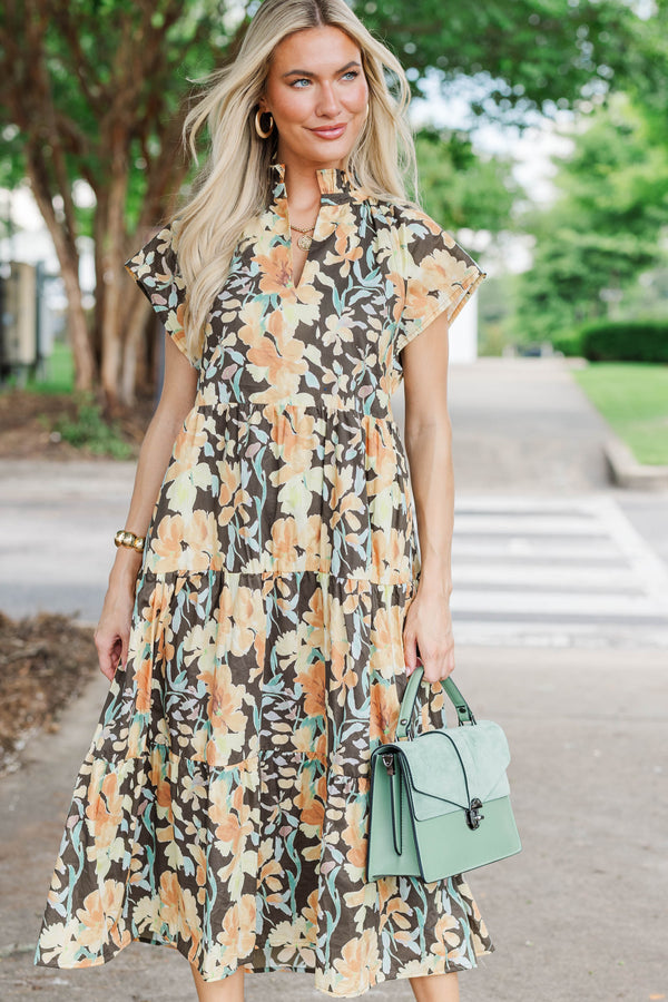 In Your Dreams Brown Floral Print Midi Dress
