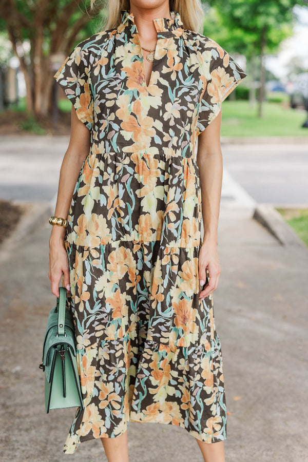 In Your Dreams Brown Floral Print Midi Dress