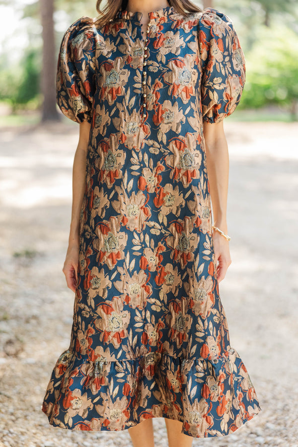 See The Light Navy Brocade Midi Dress